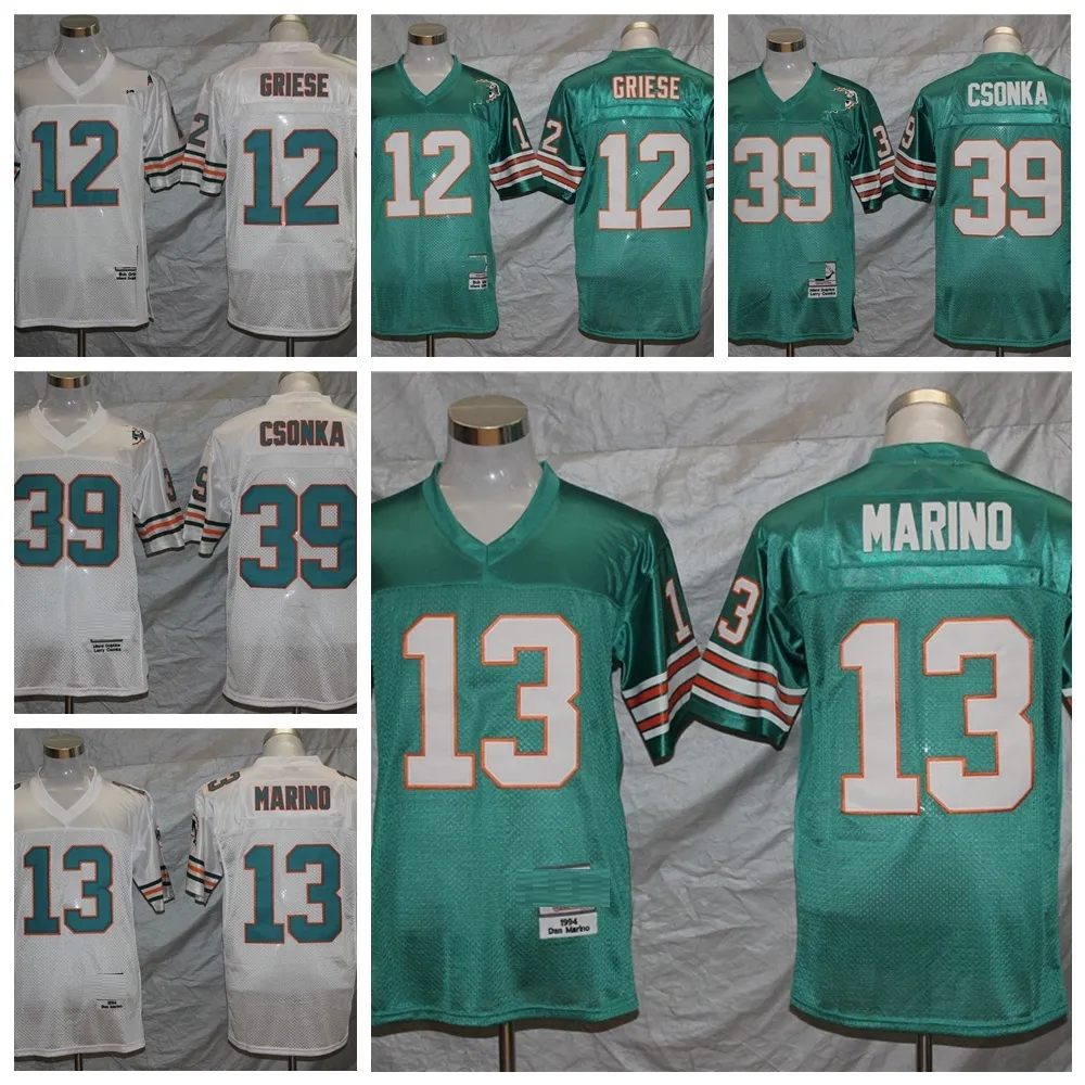 Mens Vintage Football Jerseys 12 Bob Griese 13 Dan Marino 39 Larry Csonka Retro Jersey Stitched Name Teal Green Shirts M-XXXL