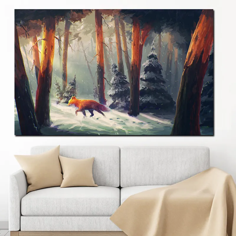 Canvas Painting Wall Art Abstract Red Fox Forest Lanscape Animal Oil Painting Print on Canvas Wall Picture Poster for Living Room Cuadrs Decor