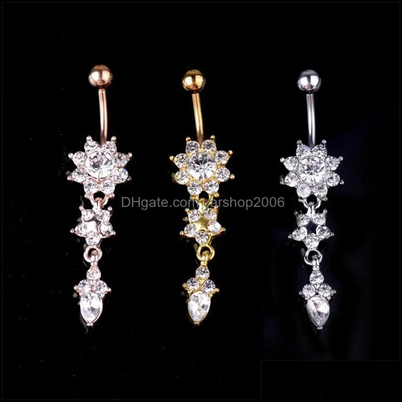 Göbek Çan Düğmesi Yüzükleri Yeni Hint Sallantı Göbek Barları Düğme Altın Yüzükler Piercing Crystal Çiçek Vücut Takı Göbek GD333 196 W2 DROP DHJ3N