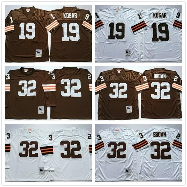 Vintage Cleveland Mens Brown #32 Jim Brown Jersey 19 Bernie Kosar Toptan Uzun Kollu Beyaz Kahverengi% 100 Dikişli Futbol Forması Gömlekleri