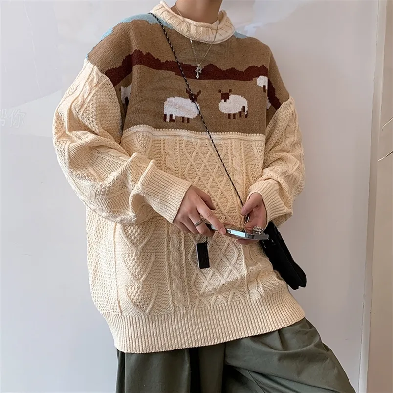 Camisolas de homens Zazomde harajuku malha de desenho animado ovelhas de ovelha masculino suéter de rua de hip hop masculino outono inverno solto 220831