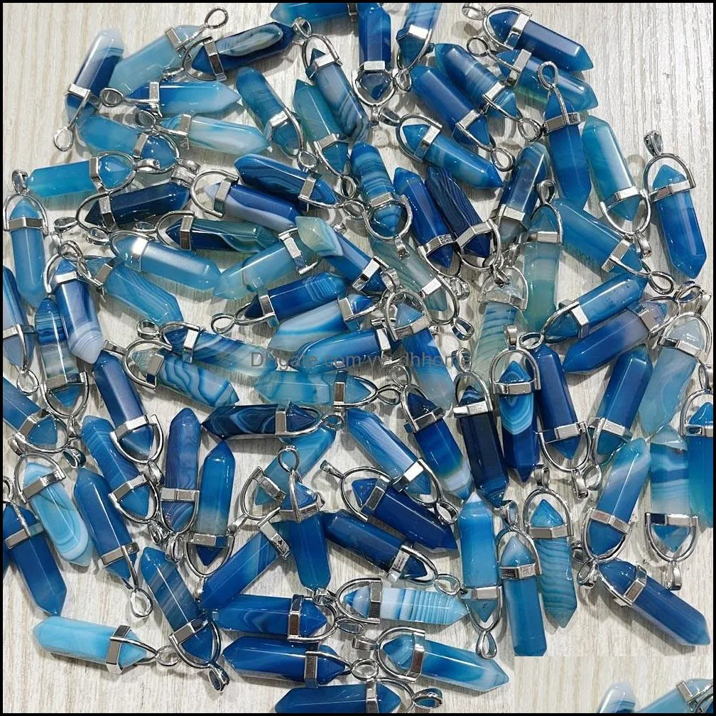 Pendant Necklaces Natural Stone Blue Stripe Agate Alloy Crystal Trendy Pendants For Making Jewelry Charm Point Pendant Drop Delivery Dhqaz