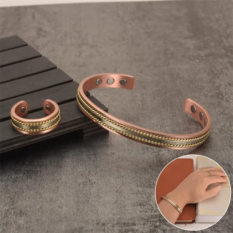 Rose Gold Magnetic Copper Rustic Cuff Bracelets And Ring Set For