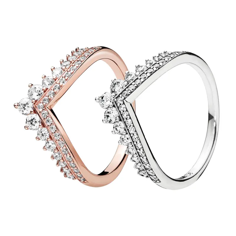 Women's Rose Gold Princess Wish Ring Wedding designer Jewelry For pandora Sterling Silver girlfriend gift Rings with Original Box Set