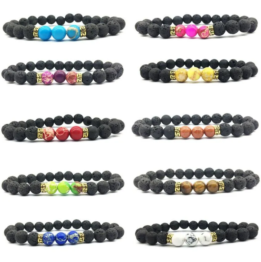 Brins Perlés 16 Couleurs Chakras Perles De Pierre De Lave Noire Strand Bracelet Huile Essentielle Diffuseur Bracelets Roche Volcanique Perlé Elasti Dhk2R