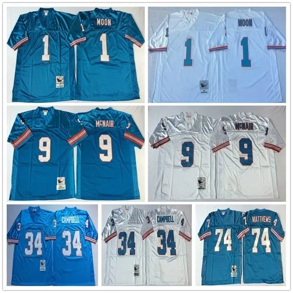 Vintage Tennessee Oilers Football Jerseys #1 Warren Moon 34 Earl Campbell 9 Steve McNair 74 Bruce Matthews Blue White Adult Stitched Jersey