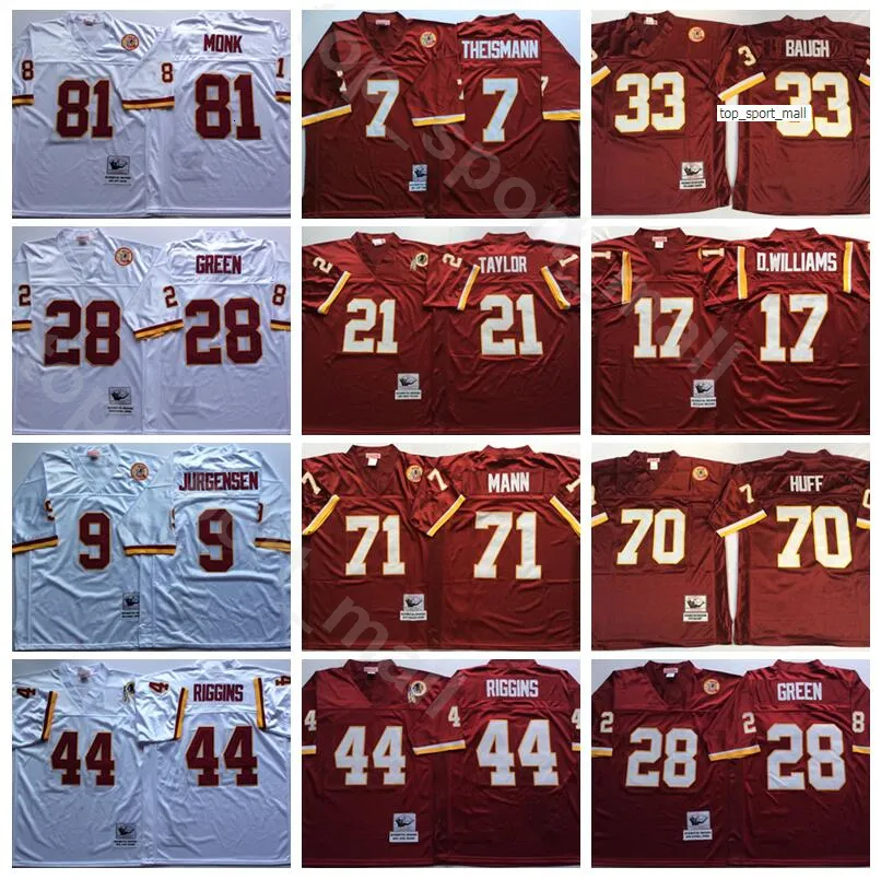 Jersey NCAA Foobtall 9 Sonny Jurgensen 68 Russ Grimm 70 Sam Huff Formaları 33 Sammy Baugh 7 Joe Theismann Art Monk Kırmızı Beyaz Vintage