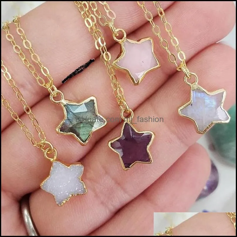 Pendant Necklaces Gold Plating Edged Five Point Star Stone Necklace Healing Crystal Energy Druzy Quartz Pendant Necklace Dhseller2010 Dhsl5