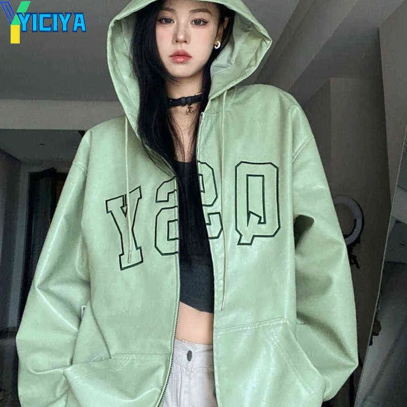 Vestes Femme YICIYA Bomber Femme Varsity Veste Vert À Capuche PU Veste En Cuir À Manches Longues Baseball Vestes Oversize Femme Manteau Hiver 2022 T220830