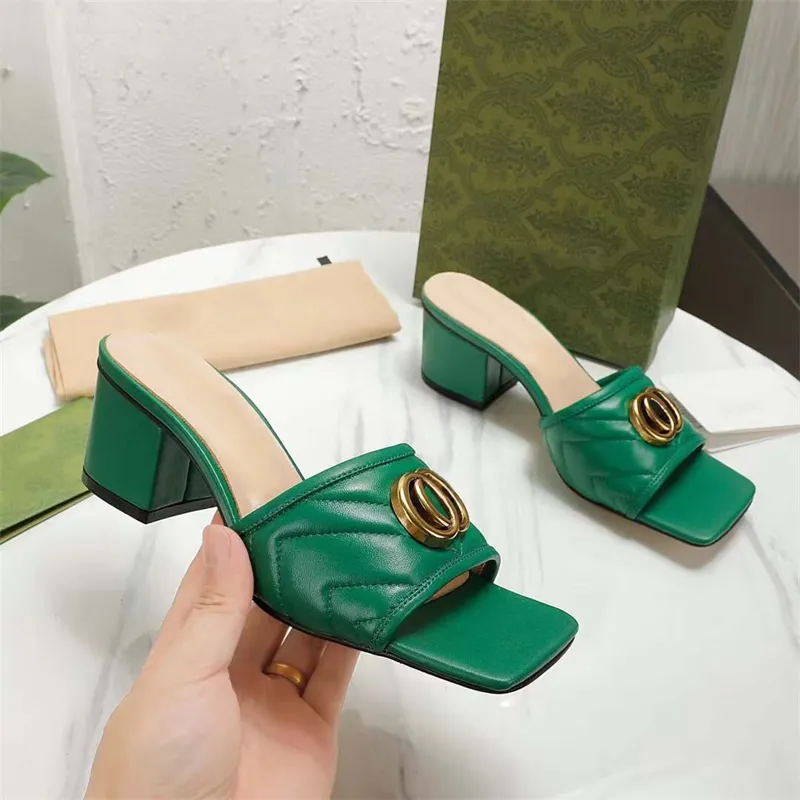 New Women`s Slippers Mid Heel Designer Leather Fashion Sexy Embroidered Summer Chunky Heel Sandals 5.5cm With Box Size 35-44