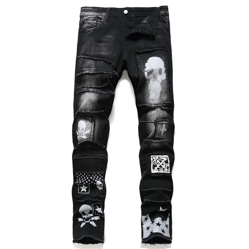 Jeans pour hommes Pantalons pour hommes Streetwear Pantalons de mode Crâne Noir Denim Biker Haute Qualité Mâle Casual Designer Déchiré Confortable 220831