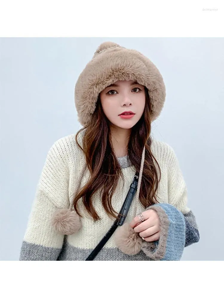 Berets Frauen Winter Warm Verdicken Plüsch Zopfmuster Bomber Hut Einfarbig Niedlichen Pompom Winddicht Schnee Ski Earflap Trapper Cap