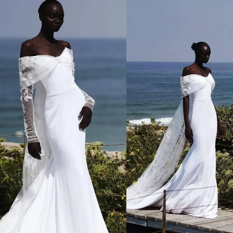 Vestido de noiva longo branco de ano novo no pescoço do ombro Dubai Apliques de renda de luxo Mulheres ilusão