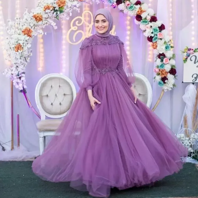 Lilas lavande perlée robes de bal musulmanes col haut appliqué manches longues cheville-longueur Hijab moyen-orient robes de soirée