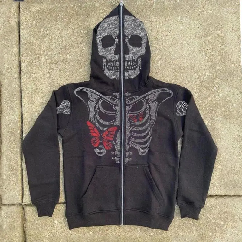 Men's Hoodies Full Zip Hoodie Men Y2K Streetwear Hip Hop Sweatshirts Women Oversize Rhinestones Skeleton Jackets Teenage Gothic Clothes