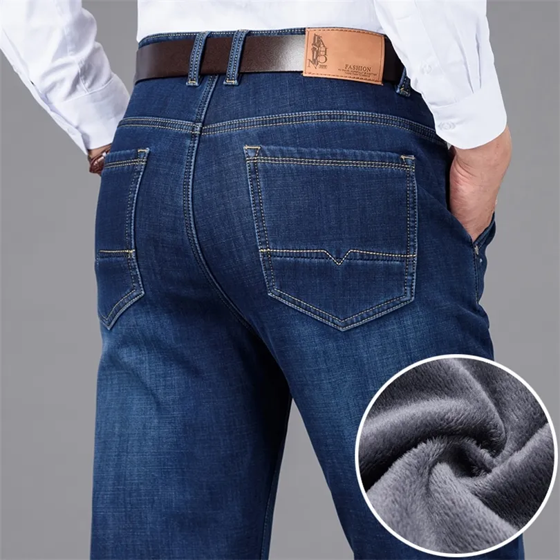 Mens Jeans Style classique hiver hommes chaud affaires jean mode décontracté Denim Stretch coton épais polaire Denim pantalon mâle marque pantalon 220831