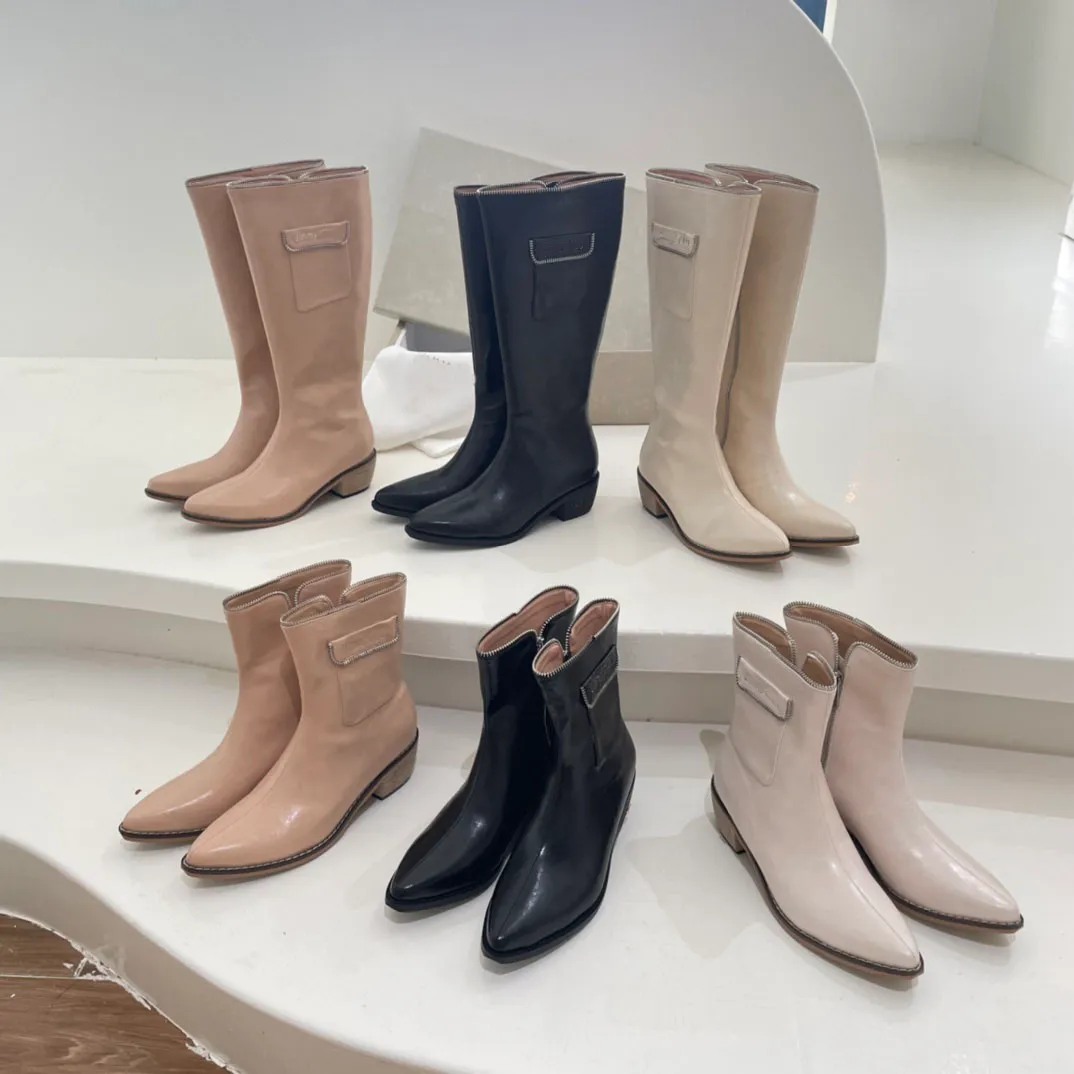 2022 Taschenstiefel Designer Damen Reißverschluss Spitzstiefel Cheshire Martin Schuhe Dicke Absätze Halbstiefel Knie Knöchel Mode Booties