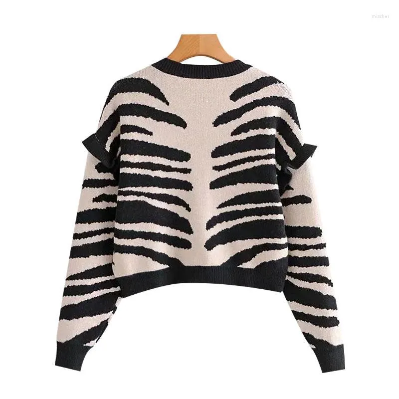 Tricots pour femmes T-shirts pour femmes Femmes 2022 Mode Zebra Imprimer Volants Cropped Cardigan Pull Chic Y2K Tops Vintage Manches longues