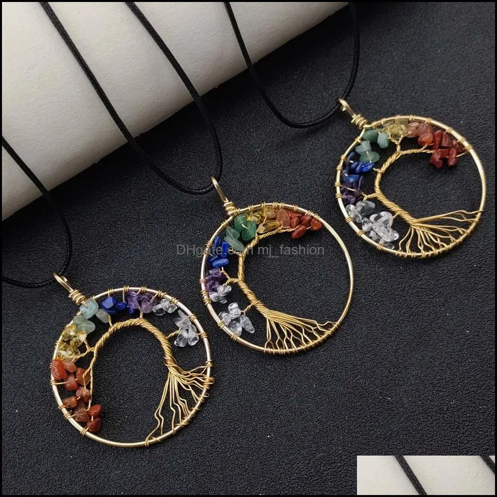 Pendant Necklaces 50Mm Healing Natural Stone Wire Wrap Tree Of Life Pendant Seven Chakra Necklace Lapis Lazi Crystal Aga Dhseller2010 Dho6G