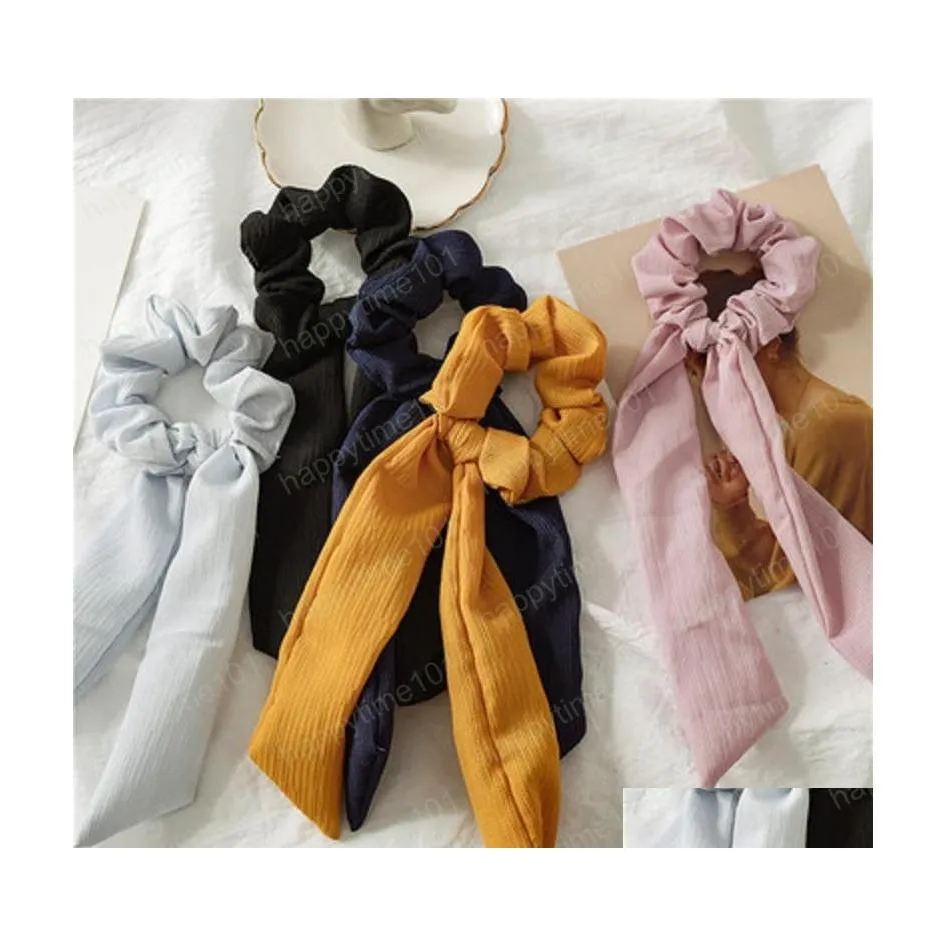 Hårgummiband Vintage Solid Color Hair Scrunchies Stora långa Bow Ponytail Holder Rubber Rope Pannband Bindningar Dekoration för kvinnor GI DHRNS