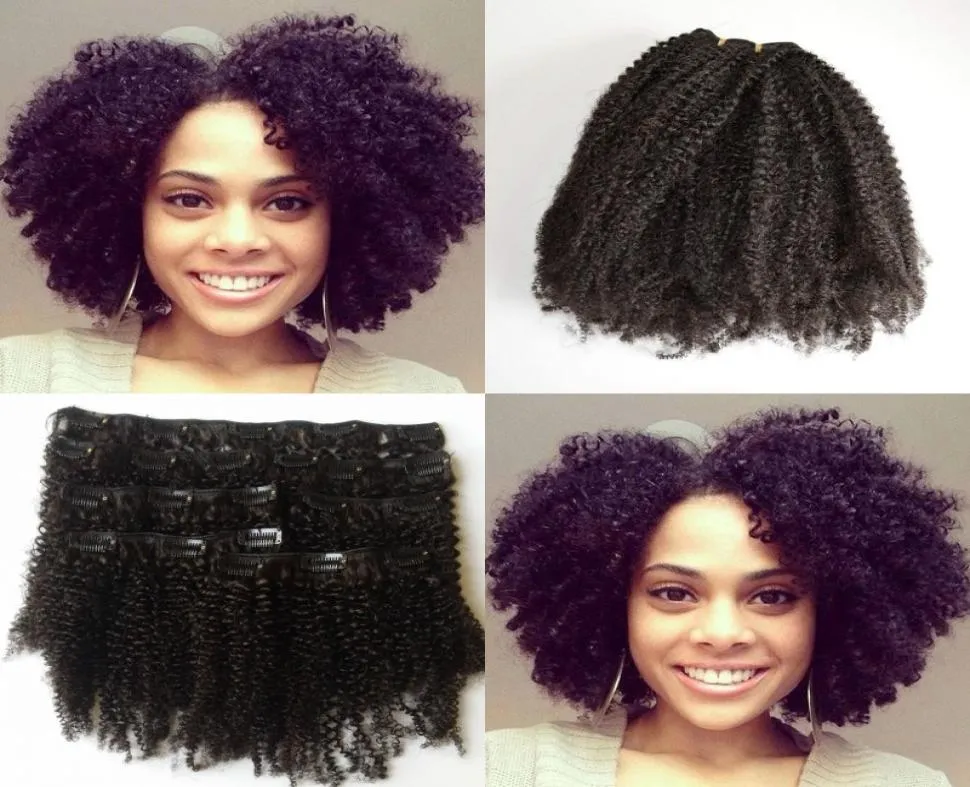 8 10 12 14 16 18 20 22 tum Full Head Kinky Curly Clip in Human Hair Extensions Natural Black Geasy9963008