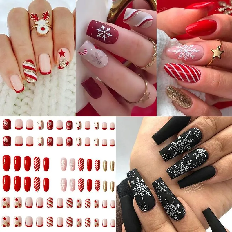 False Nails 24st Full Cover Fake Snowflake Gingerbread Man Design Christmas Press On For Manicure Artificial Nail Tips