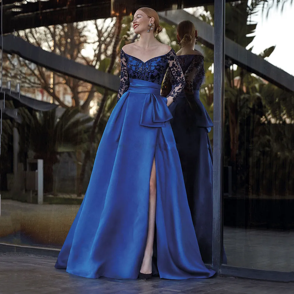 Robes De mère De mariée bleu Royal Portrait, manches longues, en Satin, ligne A, robe De bal pour invités De mariage, avec des Appliques De paillettes, 326 326