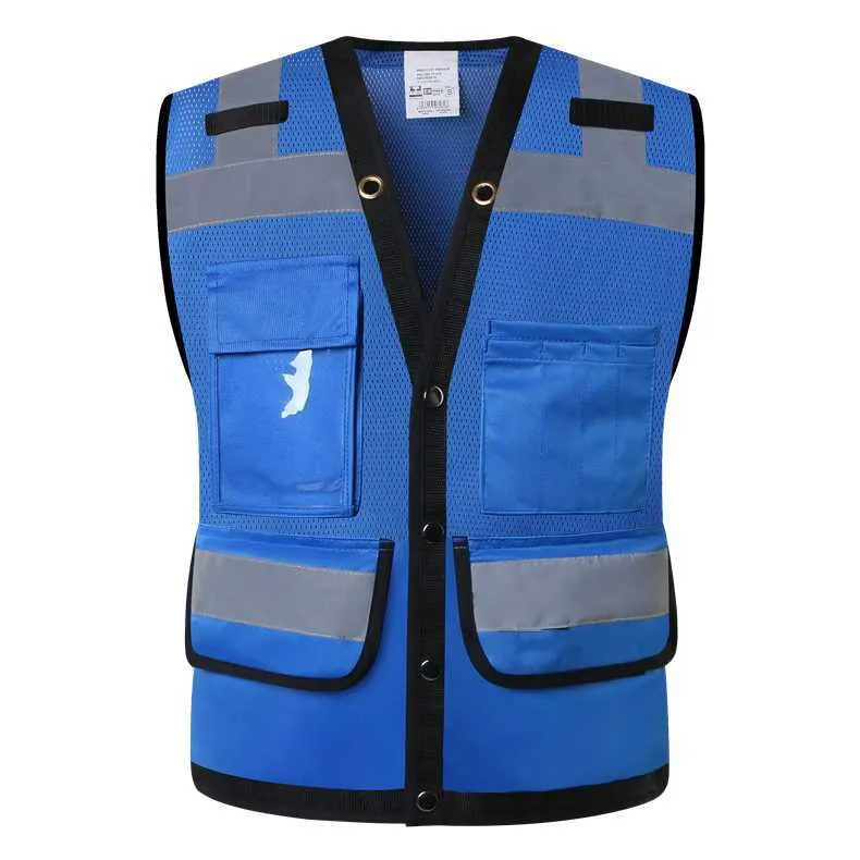 Blue safety vest with pockets and zipper best sale