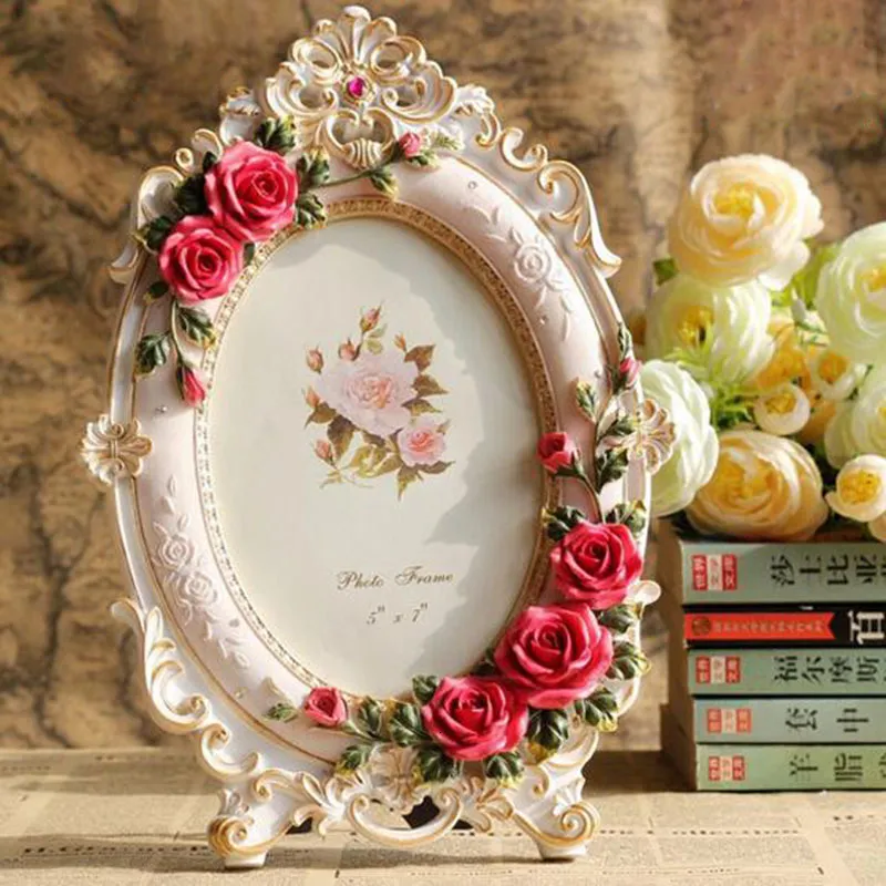 Frames 6inch 7inch Picture Frame European Style Resin Rose Flower Po Frame Oval Rectangle Shape Frames for Wedding Gifts Home Decor 221201