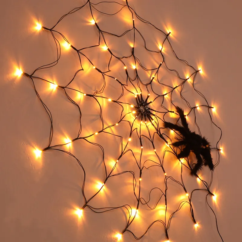 LED-Lichterkette, Spinnennetz-Lichter, Halloween-Party-Atmosphärenlampe, 8 Modi, 100 cm, 70 LEDs, Beleuchtung für drinnen und draußen