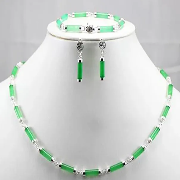 Dark Green Jadejade 925 Sterling Silver Earring Armband Halsband Set 43cm