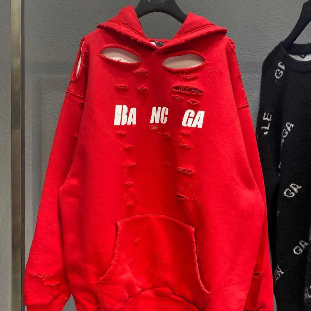 Designer Luxury Balencigas Classic Trend B Letter Dubbelskikt Perforaterad hoodie med spricktryck för både män och kvinnor löser mångsidig