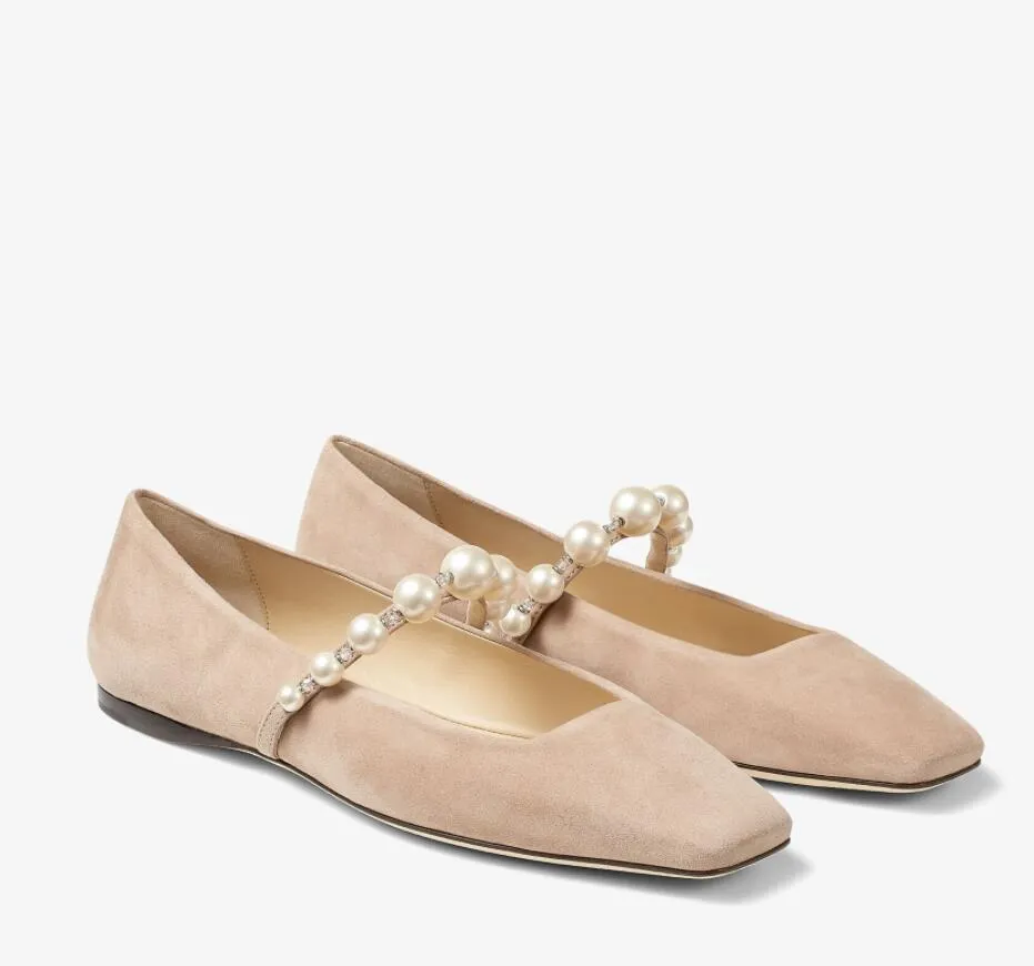 Dam loafer skor Balett Ade Flat Svart Mocka Flats med pärlutsmyckning fisknät Mesh och Nappa läder lyxmärke designer med låda