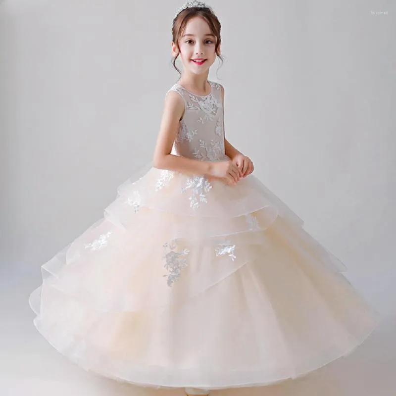 Abiti da ragazza Fiore di tulle per matrimoni e feste Abito lungo da spettacolo principessa Abito da damigella d'onore formale per bambini