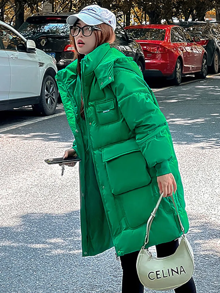 Parkas pour femmes Femmes Longue Veste Hiver Épais Manteaux Dames Rembourré À Capuchon Coton Vestes Femme Solide Vert Koreanfashion Lâche 221201