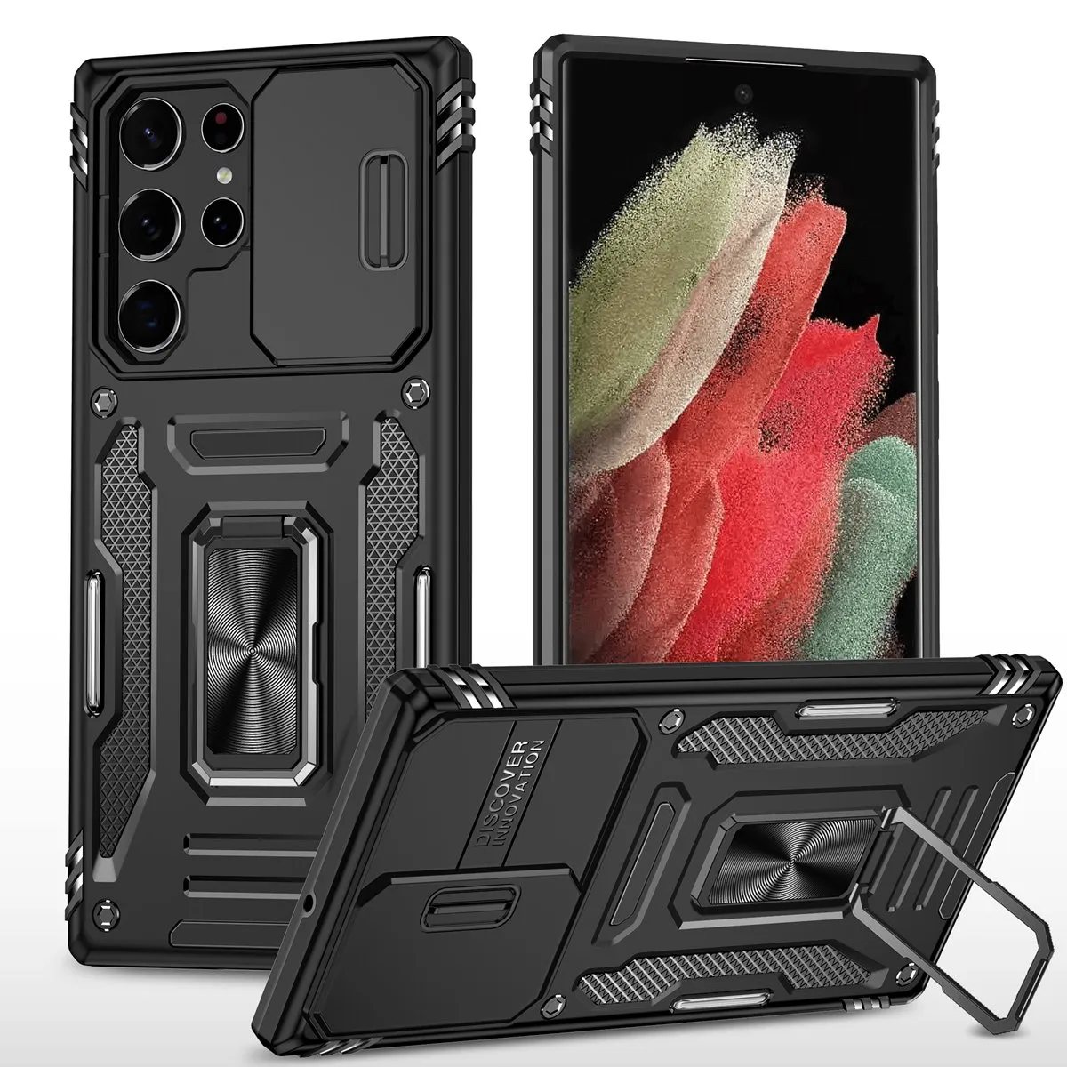 Antichoc Armor Cases Kickstand Slide Camera Cover Pare-chocs résistants aux chocs pour Samsung Galaxy S22 Ultra 6,8 pouces 5G Phone Case S22 Plus S20 S21 FE S10