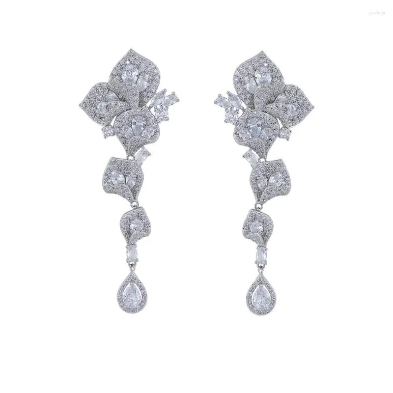 Dangle Earrings Cubic Zircon CZ Wedding Flowers Earring For Bridal Women Girl Prom Jewelry With 925 Silver Pin CE10762