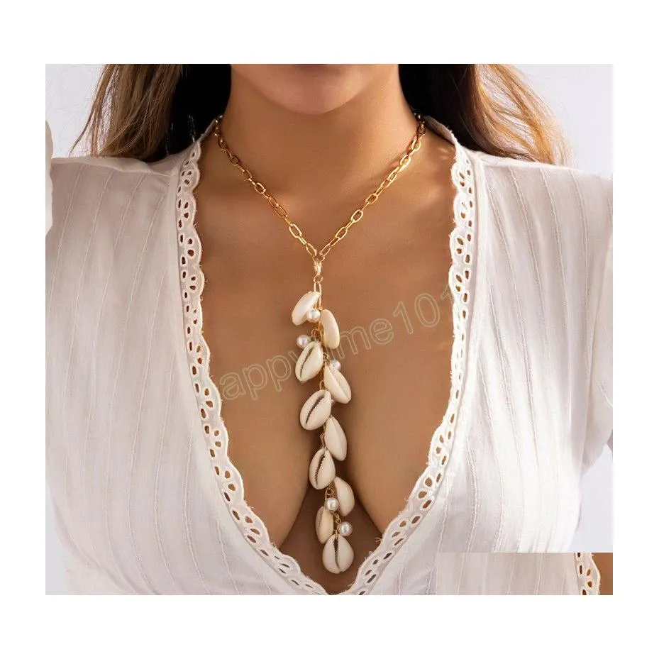 Collares pendientes Bohemian Summer Beach Collar de cadena larga de concha natural para mujer Conch Seashell Simple Tassel Joyería de moda Dro Dhbua