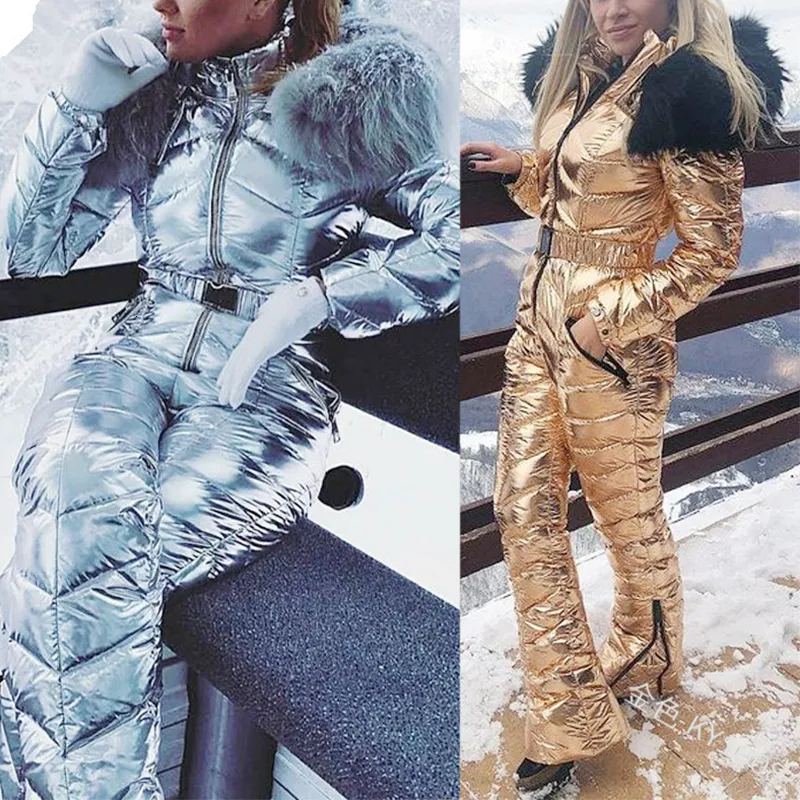 Skiddräkter Ski Jumpsuit Kvinnor Vinter Ytterkläder Varm vadderad huva Snowsuit Päls krage Shinny Waterproof Snowborad Suit 221130