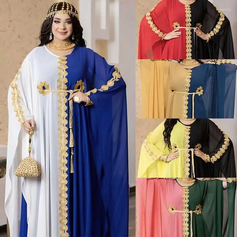 Etniska kl￤der Tv￥ stycken Set Chiffon Colorblock Lace-Up Robe African Dresses For Women Traditionell L￶st Fit Big Size Maxi Dress Muslim