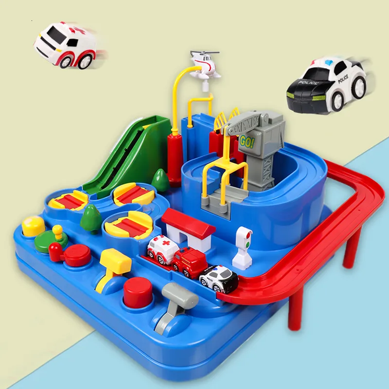 Diecast model Auto Montessori Rail Auto Train Track Track Toys For Kids 2 tot 4 jaar oud Adventure Game Boy Birthday Gift Children Parking Lot 221201