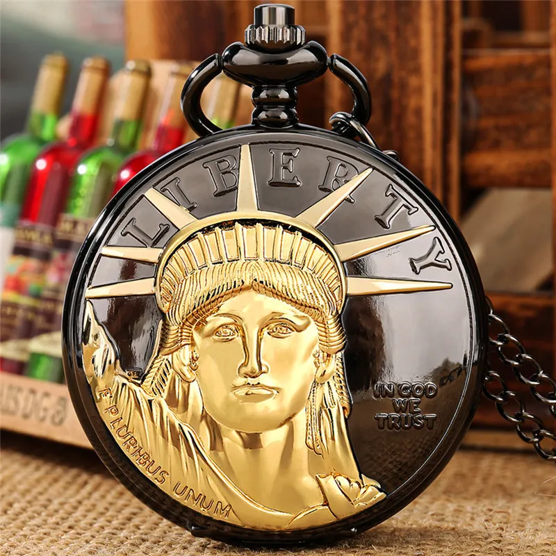 Antique Pocket Watch Full Hunter Statue of Liberty Cover Men Women Quartz Analog Watches Roman Number Display Necklace Pendant Chain