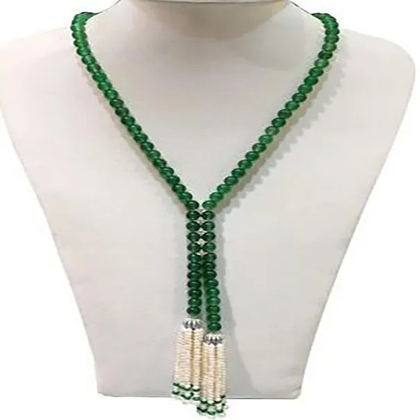 Super Beautiful Natural 8mm Green Jade Freshwater Pearl Tassel Necklace 25 "