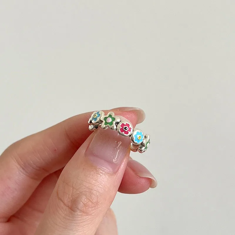 925 Sterling Silver Enamel Flower Open Size Ring For Women Girls Cute 6MM Width Statement Adjustable Rings