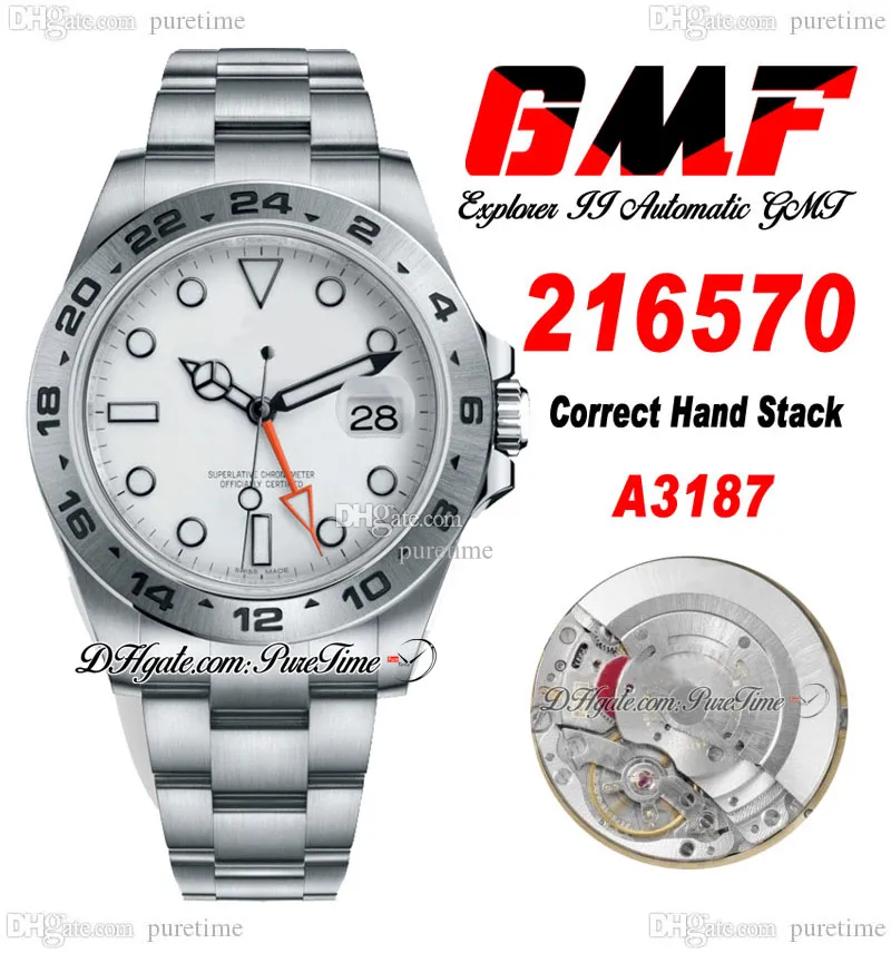 GMF V4 Explorer II A3187 Montre automatique pour homme GMT M216570-0001 Cadran blanc 42 mm Bracelet Oystersteel 904L Super Edition Montres Correct Hand Stack Puretime