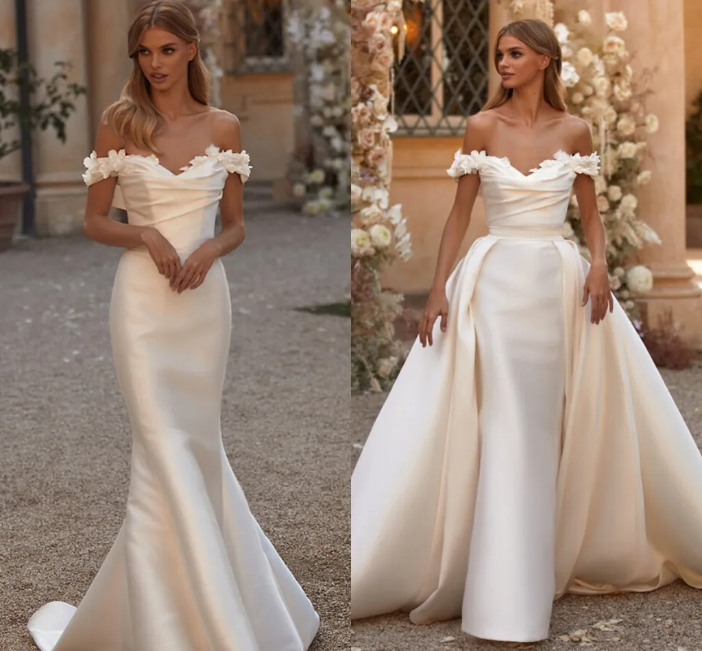 Vestido de Novia sexy con hombros descubiertos, vestidos de Novia de sirena con flores y tren desmontable, Vestido de Novia hecho a medida 2023