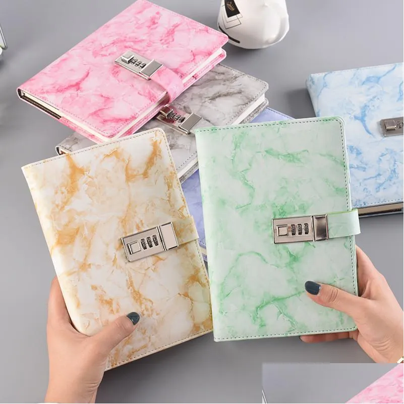 Bloc-notes A5 Marble Texture Notebook avec mot de passe Bloc-notes en cuir Agenda Agenda Agenda École Papeterie Cadeau 163 J2 Drop Deliv Dhxv4