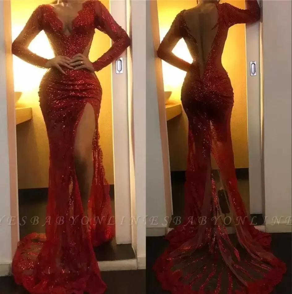 Sparkling Red Sheer V Neck Sequins High Split Mermaid Prom Dresses Long Sleeve Tulle Applique Sweep Train Formal Party E