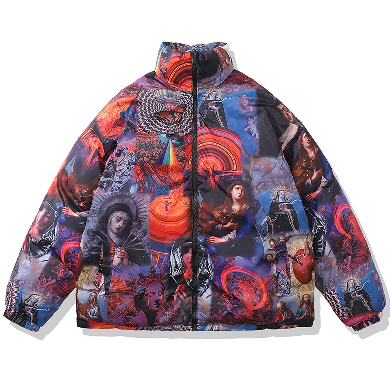 Men's Down Parkas Winter Oversize Vintage Bubble Coat Men Printed Reversible Cotton Padded Clothes Fashion Harajuku Streetwear Warm Jacket Parka 221130