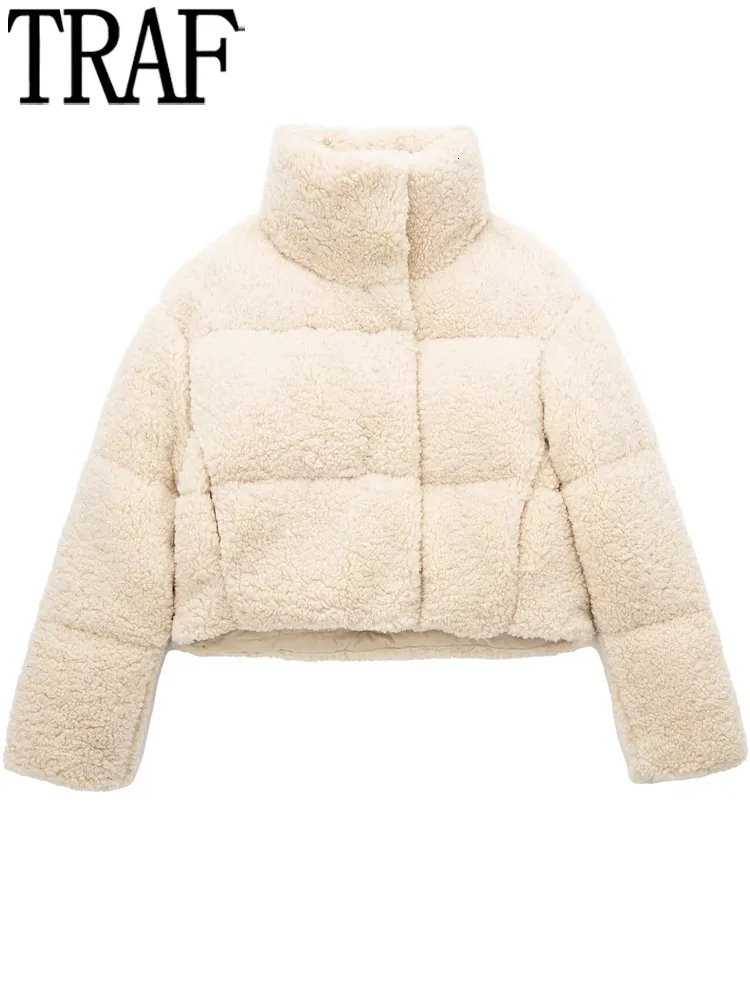 Women's Down Parkas Traf Women Fleece Jacket短いパッド付き女性テディコート冬のコート非常に暖かい長袖221201